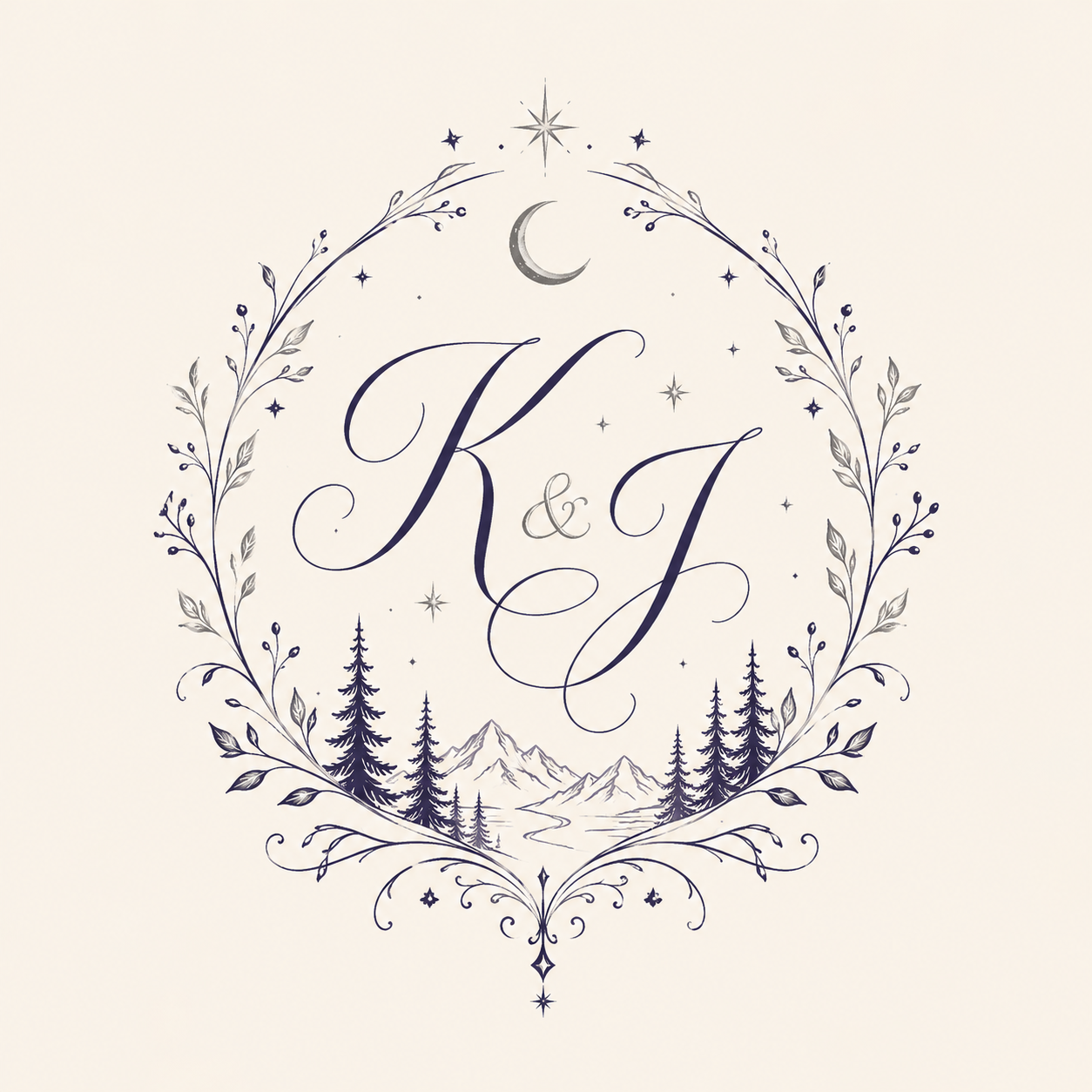 Kelly and Josh's wedding monogram: a script K & J inside a wreath of pine boughs, moon, and stars